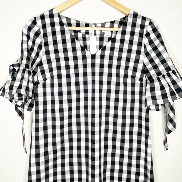 J. Crew Gingham Ruffle Sleeve V Neck Midi Shift Dress Black White Size XS - Picture 6 of 12